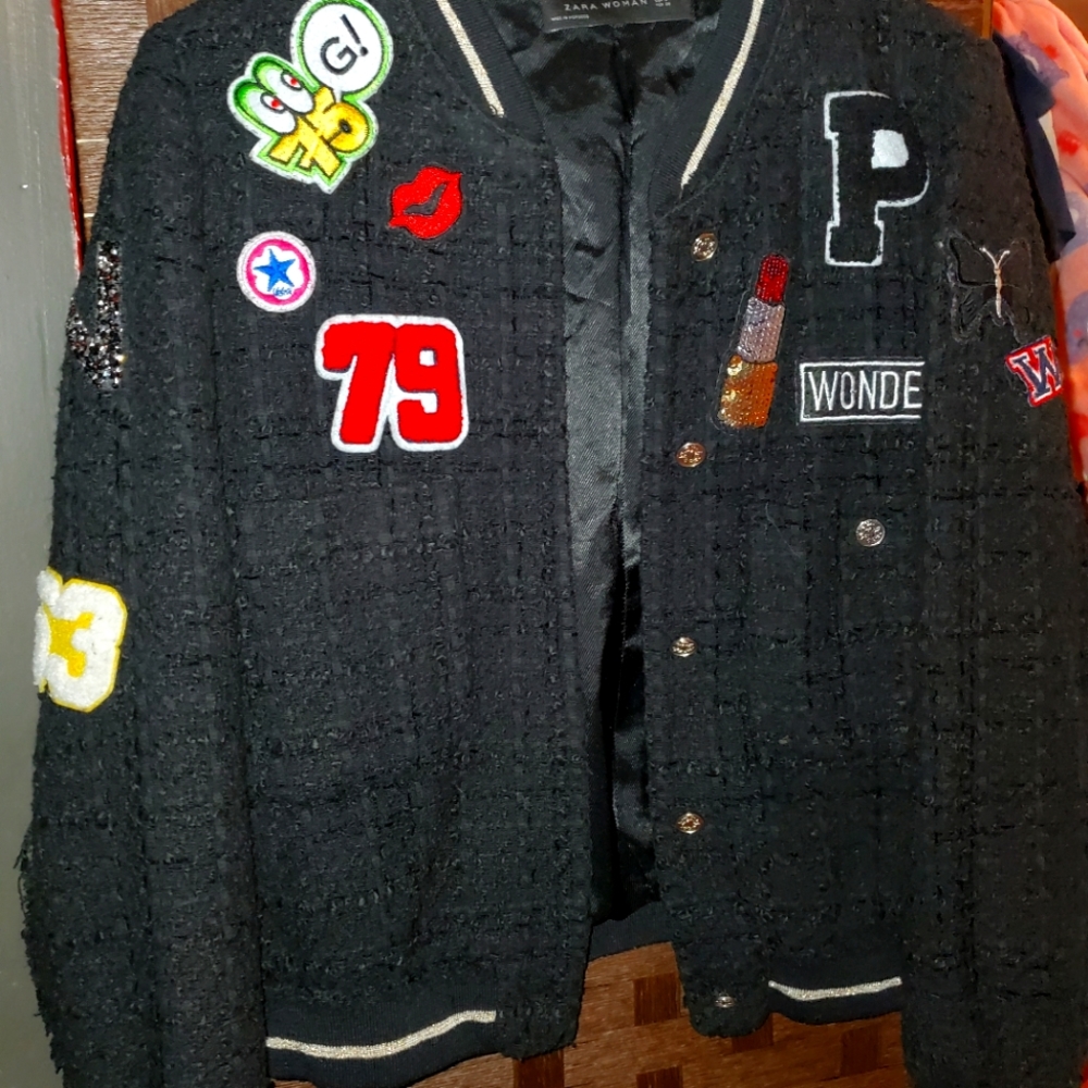 ZARA letterman Jacket, chanel vibe type of jacket, cute accent patches